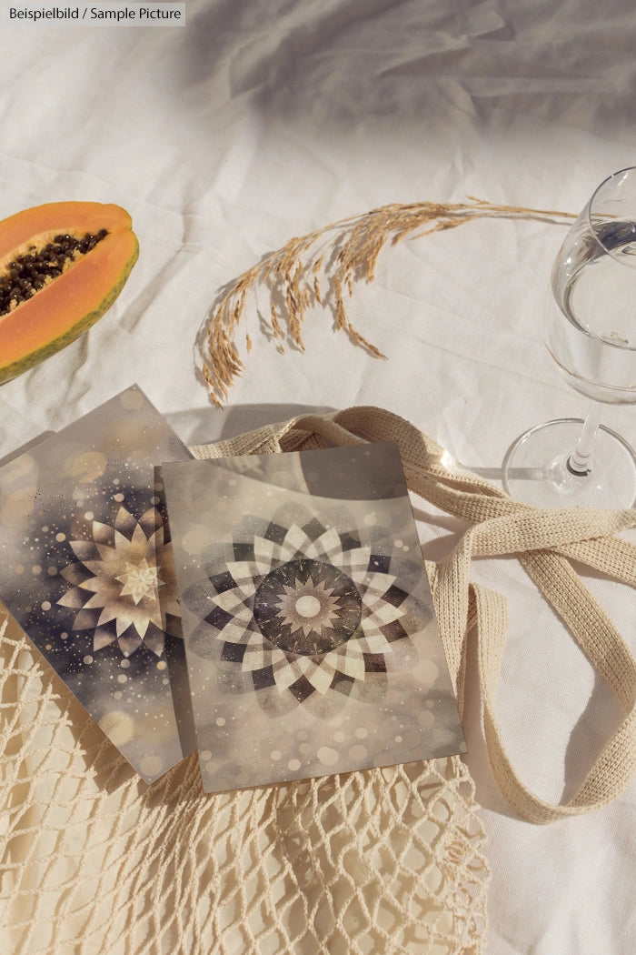 Bohemian-themed still life with mandala art cards, papaya, a glass of water, and a cloth bag on white fabric.