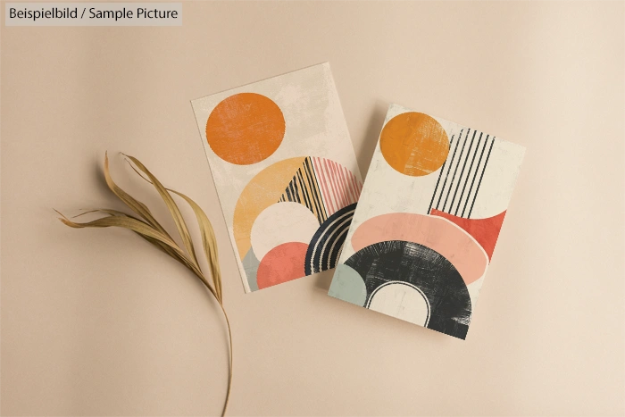 Abstract art prints with geometric shapes in orange, pink, and black, displayed on a beige background with a dried leaf.