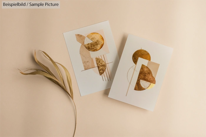 Two abstract art prints with geometric designs in brown and gold tones, alongside a dried plant on a beige background.