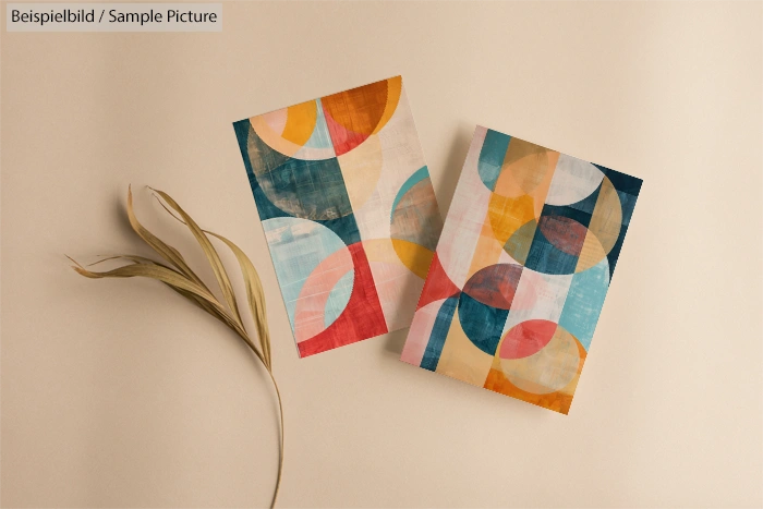 Two abstract art pieces with colorful geometric shapes next to a dried plant on a beige background.