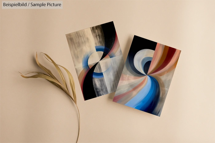 Two abstract paintings with swirling blue, red, and beige patterns on a neutral background with a dry leaf accent.