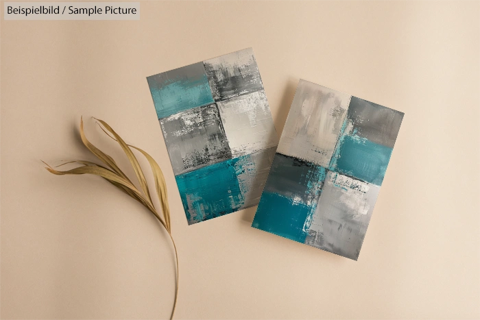 Abstract art pair with blue, white, and gray blocks on beige background, next to a dried leaf sprig.