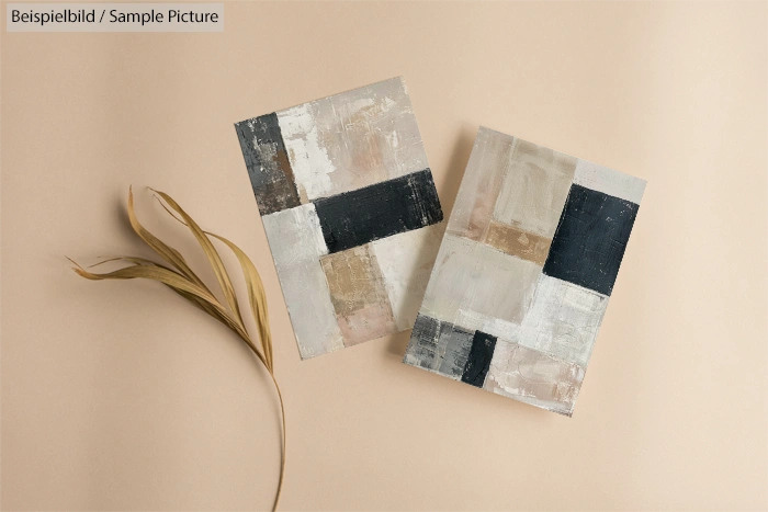 Two abstract art pieces with geometric shapes on a beige background, accompanied by a dried leaf decoration.