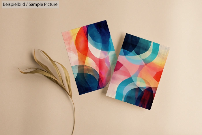 Two abstract art pieces with colorful geometric patterns on a beige background, next to a dried plant stem.