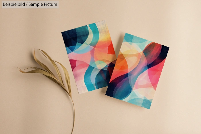 Two abstract art prints with colorful overlapping curves on beige background, next to dried leaves.