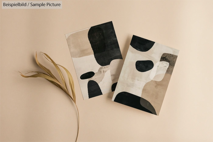 Two abstract art prints with beige, black, and white shapes on a light background, alongside a dried ornamental plant.