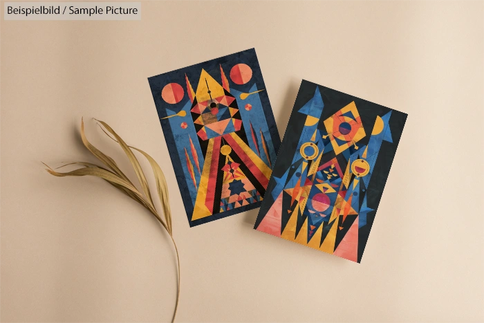 Two geometric abstract art prints on a beige surface with a sprig of dried grass.