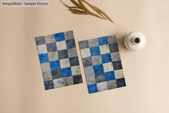 Two square print artworks with blue and gray checker patterns on a beige surface, next to a white vase with dried leaves.