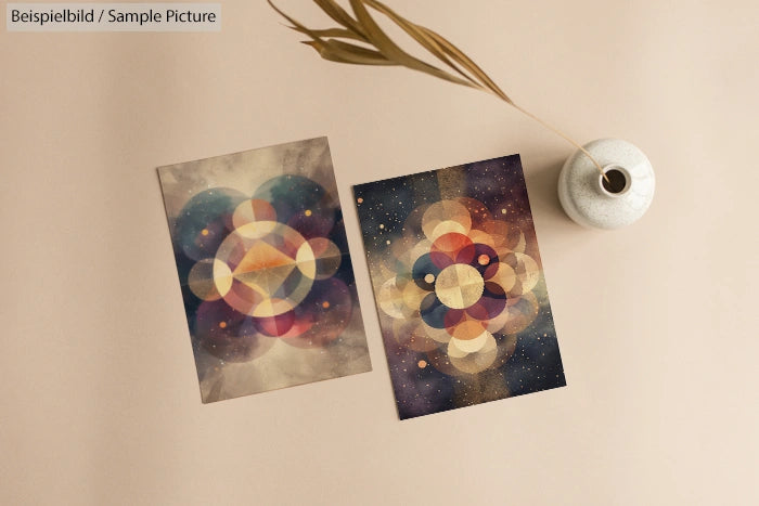 Two abstract geometric art prints with overlapping circles on a beige surface next to a white vase with dried leaves.