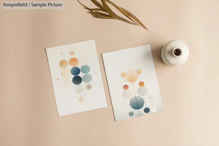 Two abstract prints with circular designs, one in cool tones and the other in warm tones, displayed on a beige surface.