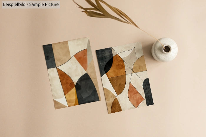 Two abstract art prints with geometric patterns in brown, beige, and black tones, placed on a neutral background.