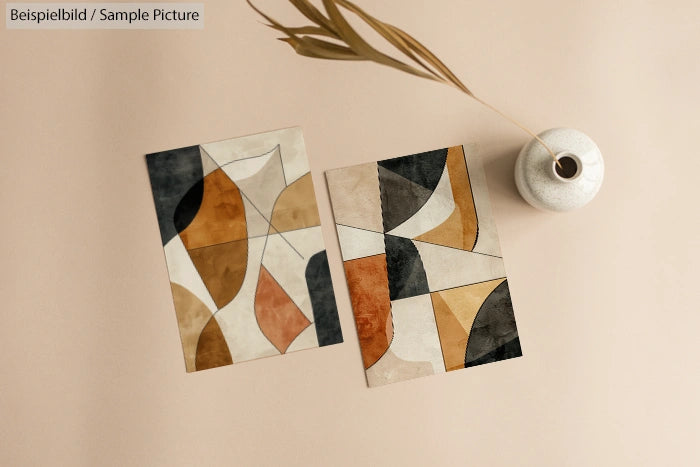 Abstract geometric artwork with earthy tones beside a white vase on a beige background.