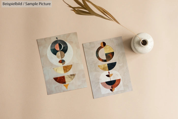 Two abstract paintings with geometric shapes in muted colors, next to a minimalist vase with dried grass on a beige surface.