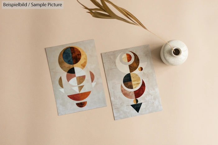 Two abstract geometric art prints next to a white ceramic vase with dried plant on a beige surface.