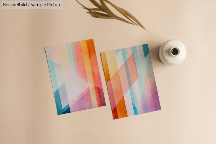 Two abstract geometric posters with colorful overlapping shapes, placed on a beige background next to a vase with dry grass.