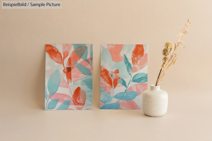 Two abstract leaf pattern paintings with red and teal colors next to a vase with dry flowers on a beige background.