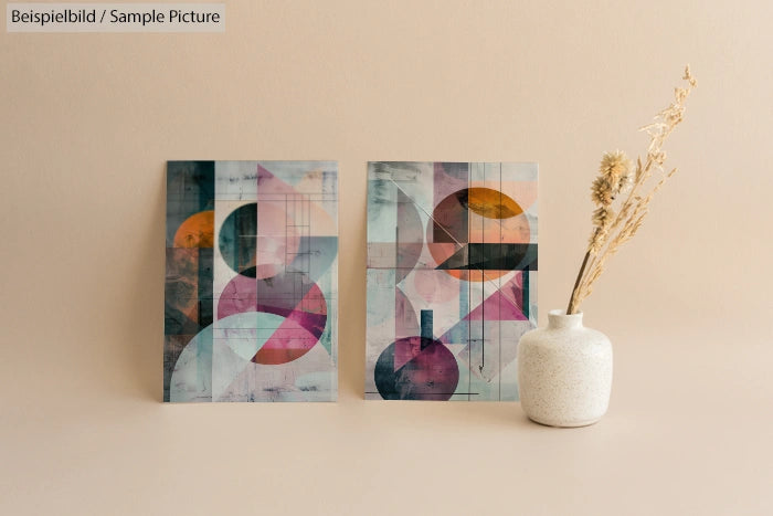 Abstract geometric art prints on a beige wall with a white vase and dried floral arrangement.