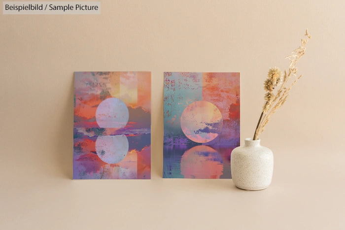 Two abstract paintings with sunset spheres next to a white vase with dried flowers on a beige background.