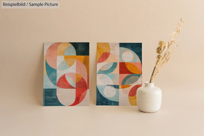 Two abstract geometric paintings with colorful shapes, beside a white vase holding dried flowers on a beige surface.