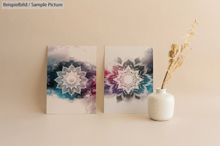 Two abstract art prints with geometric designs next to a white vase containing dried flowers on a neutral background.