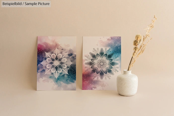 Two floral artwork panels on a beige wall, next to a white vase with dried flowers.