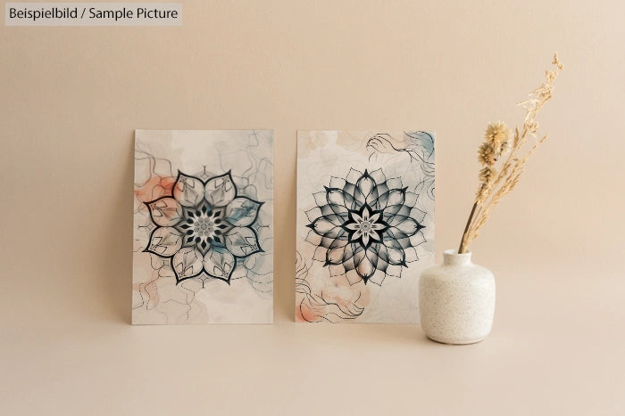 Two mandala art prints on a beige wall with a minimalist vase holding dried flowers.