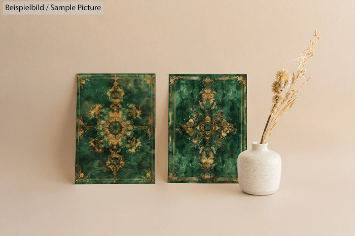 Two green and gold abstract art pieces with symmetrical patterns, displayed beside a white vase on a neutral background.