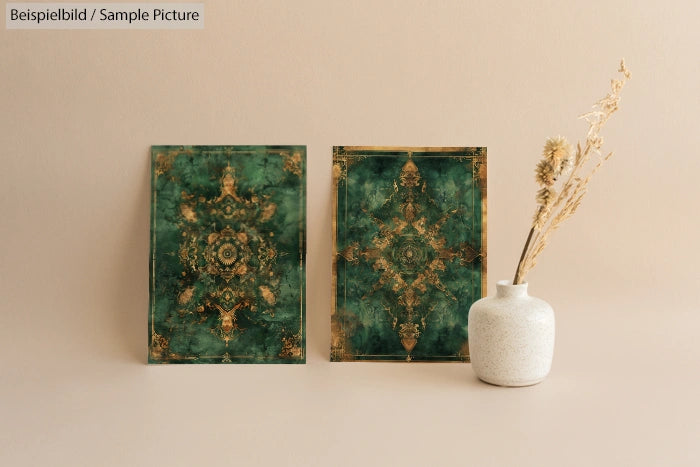 Two ornate green patterned prints on a beige wall next to a white vase with dry grasses.