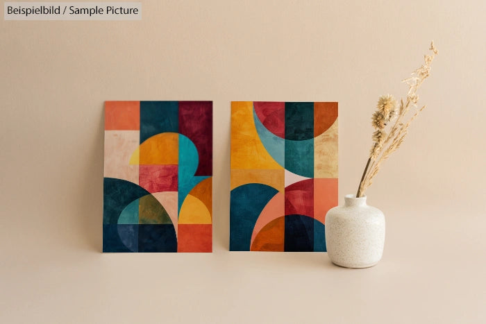 Two abstract geometric artworks with bold colors near a vase on a beige background.