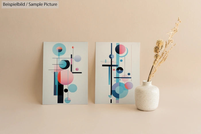 Two geometric abstract art pieces with circles and lines next to a white vase with dried plants on a beige background.