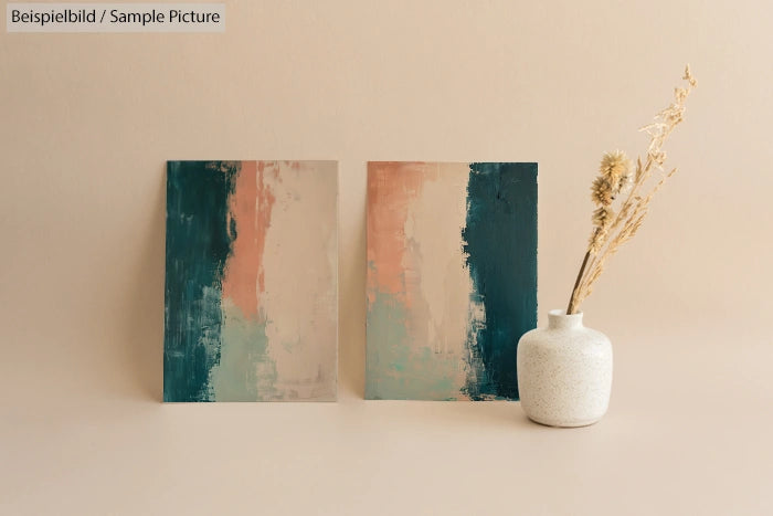 Two abstract art pieces with teal and beige tones next to a white vase with dried flowers on a beige background.