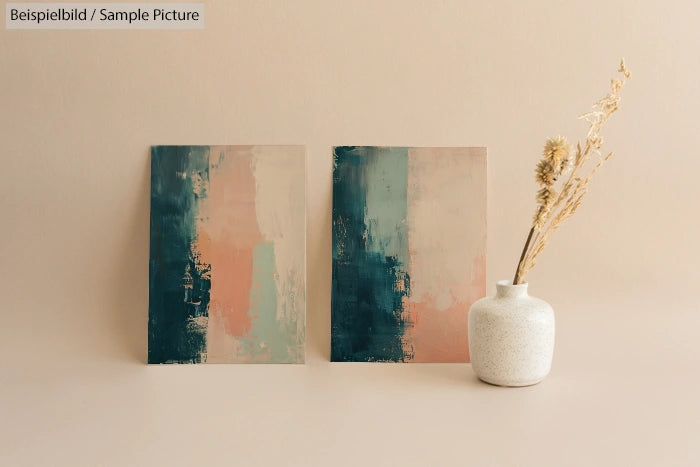 Abstract paintings with pink and blue hues beside a white vase with dried flowers on a beige background.