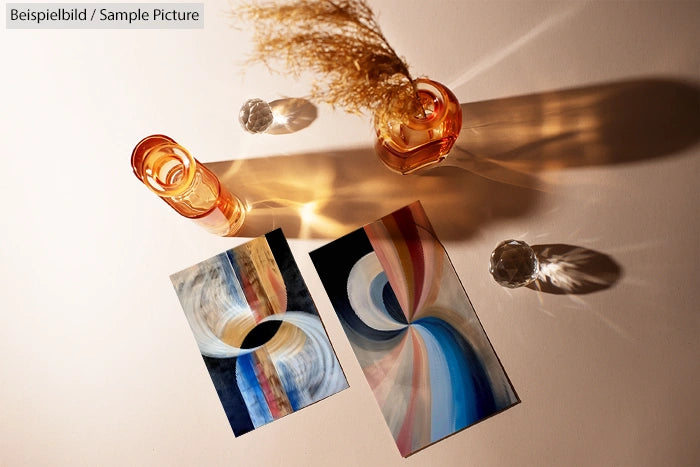 Artistic photo with abstract paintings, orange glassware, and pampas grass casting shadows on a sunlit surface.