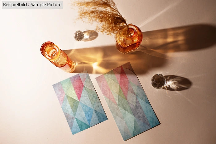 Two colorful geometric-patterned cards on a table with amber glass vases casting shadows.