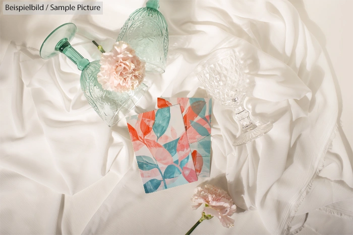 Glassware and pink flowers on white fabric with a colorful leaf-patterned card.