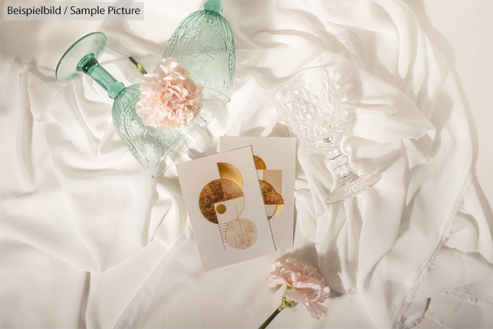 Elegant still life with crystal glassware, pink carnations, and geometric art cards on white fabric.