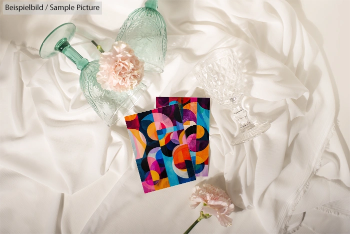 Abstract colorful cards on white fabric with flowers and glassware.