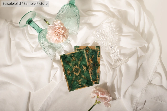 Two pink carnations with glassware and patterned coasters on white fabric.