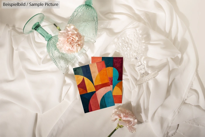 Colorful abstract art prints with geometric shapes on white fabric, surrounded by glassware and pink carnations.