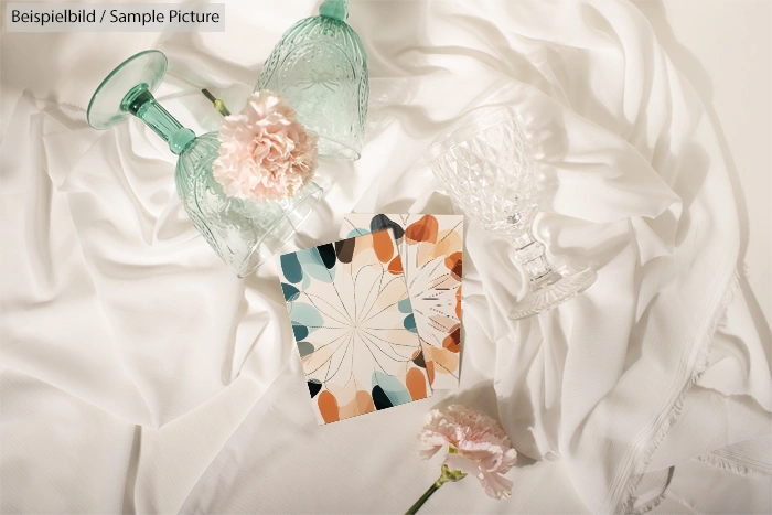 Decorative table setting with two flowers, patterned cards, and a mix of transparent and teal glasses on white fabric.