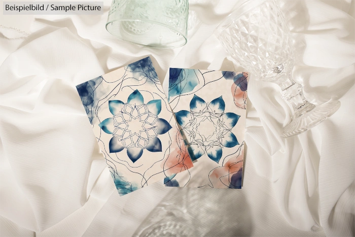 Artistic cards with geometric floral designs in blue and pink, placed on a white cloth with glass vases.