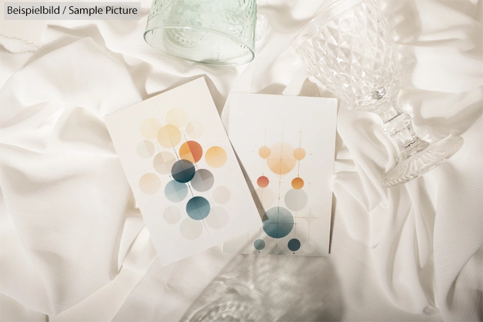 Two abstract art cards with geometric designs in blue, peach, and orange on a white fabric with crystal glassware.