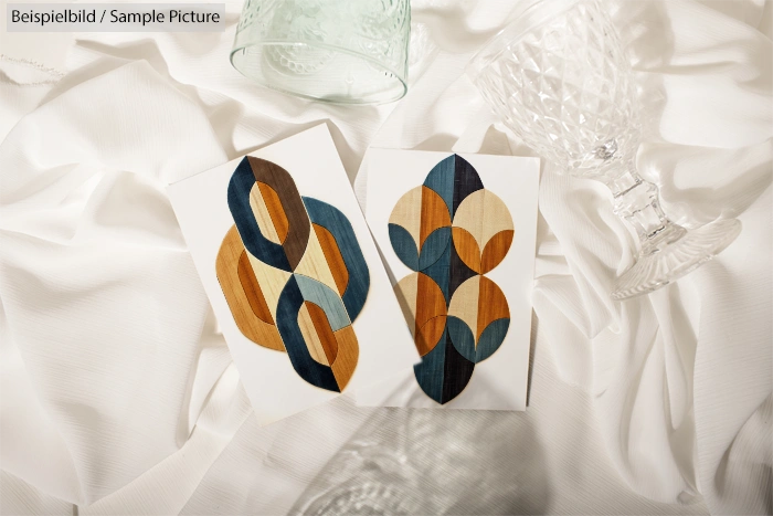 Two abstract geometric art prints on a silky white fabric with crystal glassware.