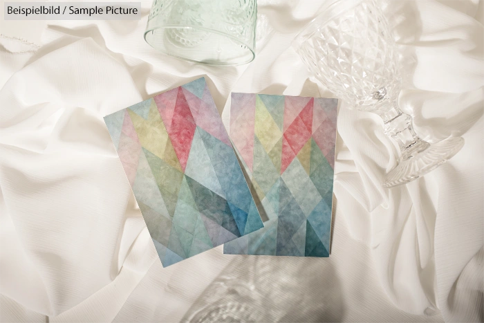 Geometric-patterned papers on white fabric with crystal glassware.