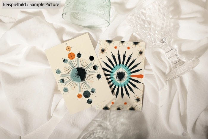 Two geometric abstract art pieces with orange, teal, and black patterns on a white backdrop with crystal glassware.