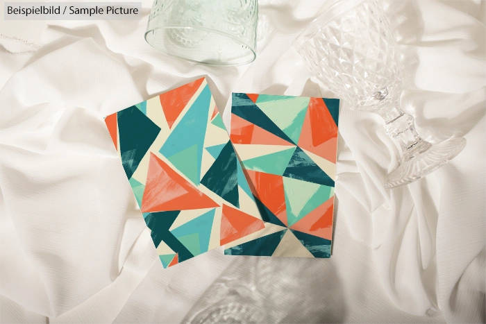 Colorful geometric-patterned greeting cards on a white fabric background with crystal glassware.