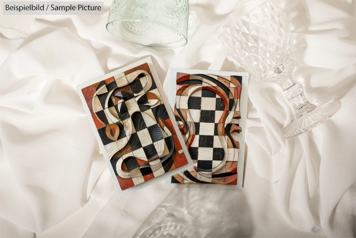 Two abstract paintings with geometric patterns on a white fabric background, surrounded by glassware.