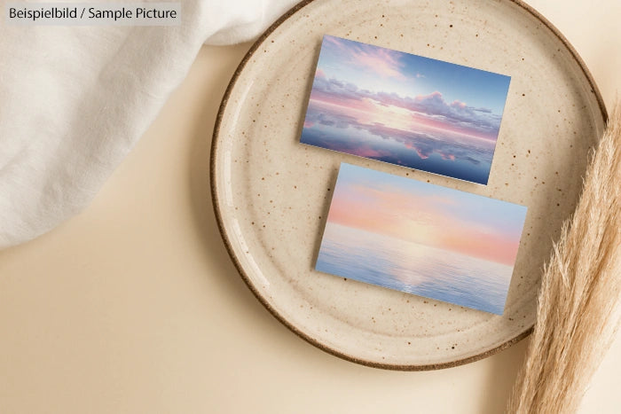 Two landscape photos with serene skies and water reflections on a speckled ceramic plate, surrounded by soft textiles.