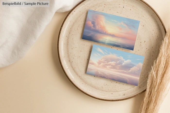 Two serene sunset paintings on a speckled round plate with pampas grass and soft linen in the background.