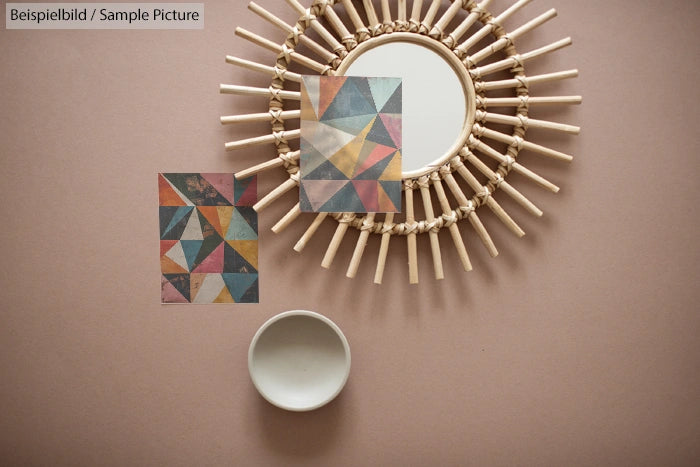 Decorative mirror with sunburst frame, geometric art prints, and a small bowl on a beige background.